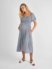 JoJo Maman Bébé Navy Blue Ditsy Shirred Maternity Midi Dress - Image 1 of 4