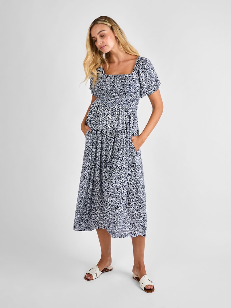 JoJo Maman Bébé Navy Blue Ditsy Shirred Maternity Midi Dress - Image 1 of 4