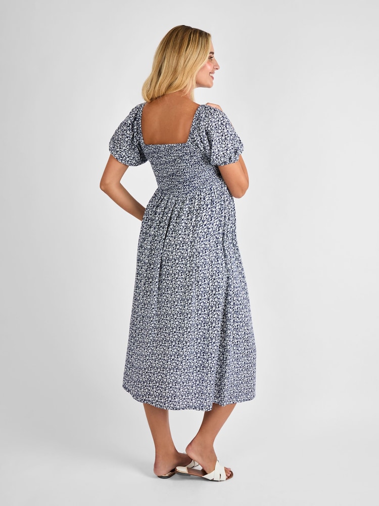 JoJo Maman Bébé Navy Blue Ditsy Shirred Maternity Midi Dress - Image 2 of 4