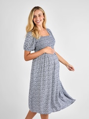 JoJo Maman Bébé Navy Blue Ditsy Shirred Maternity Midi Dress - Image 3 of 4
