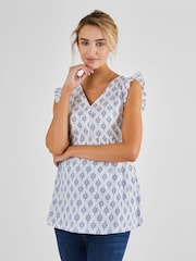 JoJo Maman Bébé White Blue Batik Print 100% Cotton Blouse - Image 1 of 4