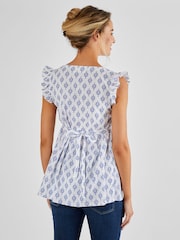 JoJo Maman Bébé White Blue Batik Print 100% Cotton Blouse - Image 2 of 4