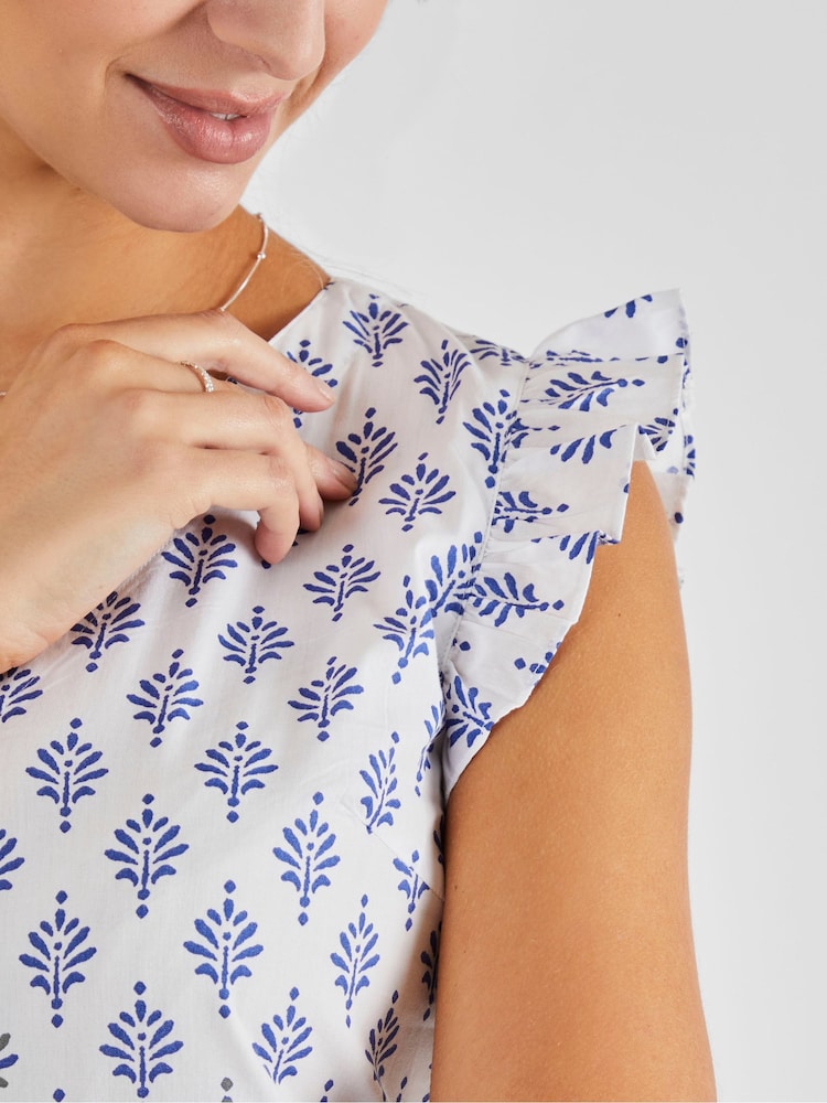 JoJo Maman Bébé White Blue Batik Print 100% Cotton Blouse - Image 4 of 4