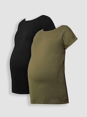 JoJo Maman Bébé Khaki Green & Black 2-Pack Boyfriend Maternity Cotton T-Shirts - Image 1 of 4