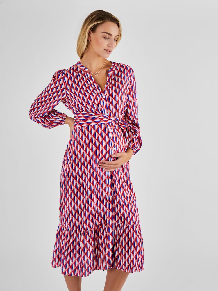 JoJo Maman Bébé Cream Geo Print Maternity Midi Shirt Dress - Image 1 of 4