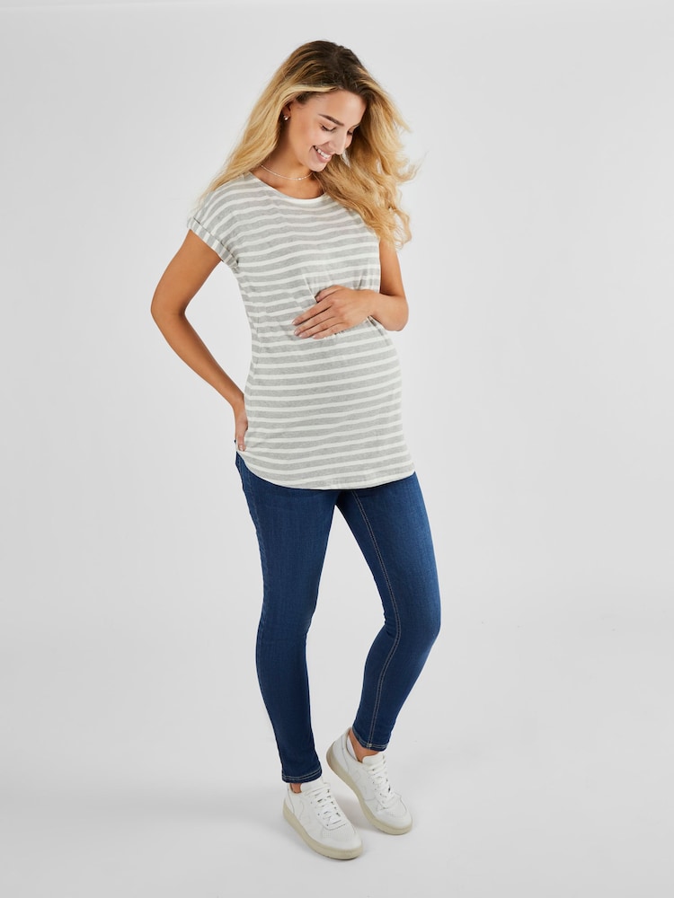 JoJo Maman Bébé Marl Grey Cream Stripe Boyfriend Cotton Maternity T-Shirt - Image 3 of 4