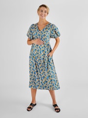JoJo Maman Bébé Blue Yellow Floral Puff Sleeve Maternity Midi Dress - Image 1 of 5