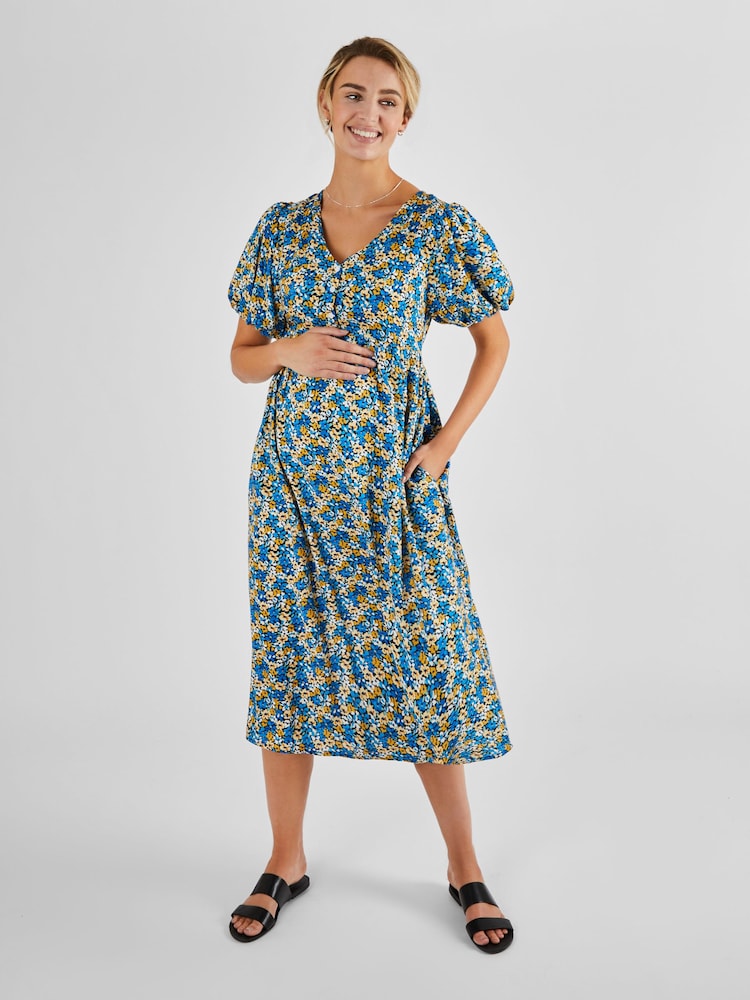 JoJo Maman Bébé Blue Yellow Floral Puff Sleeve Maternity Midi Dress - Image 1 of 5