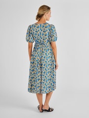 JoJo Maman Bébé Blue Yellow Floral Puff Sleeve Maternity Midi Dress - Image 2 of 5