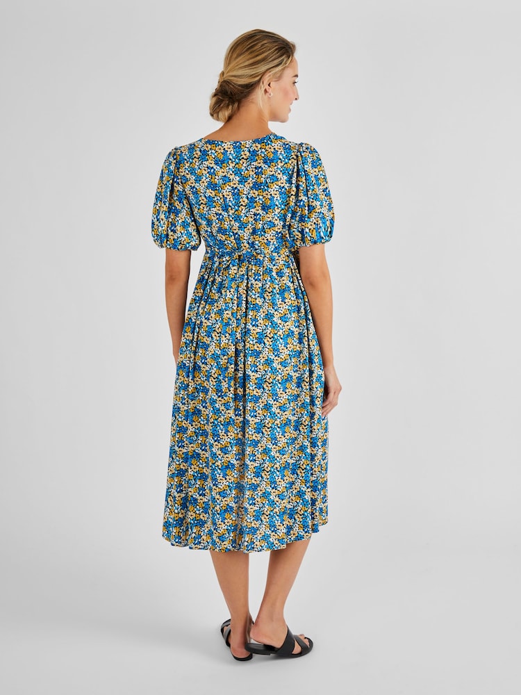 JoJo Maman Bébé Blue Yellow Floral Puff Sleeve Maternity Midi Dress - Image 2 of 5