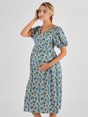 JoJo Maman Bébé Blue Yellow Floral Puff Sleeve Maternity Midi Dress - Image 3 of 5