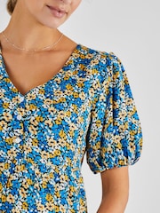 JoJo Maman Bébé Blue Yellow Floral Puff Sleeve Maternity Midi Dress - Image 4 of 5