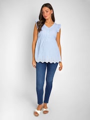 JoJo Maman Bébé Blue Ticking Stripe Flutter Sleeve Maternity Blouse - Image 1 of 5