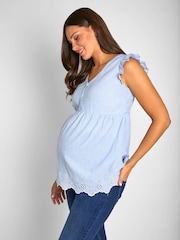 JoJo Maman Bébé Blue Ticking Stripe Flutter Sleeve Maternity Blouse - Image 2 of 5