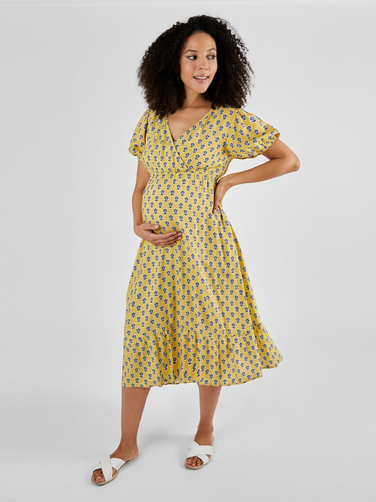 JoJo Maman Bébé Yellow Batik Print Maternity Midi Dress - Image 1 of 4
