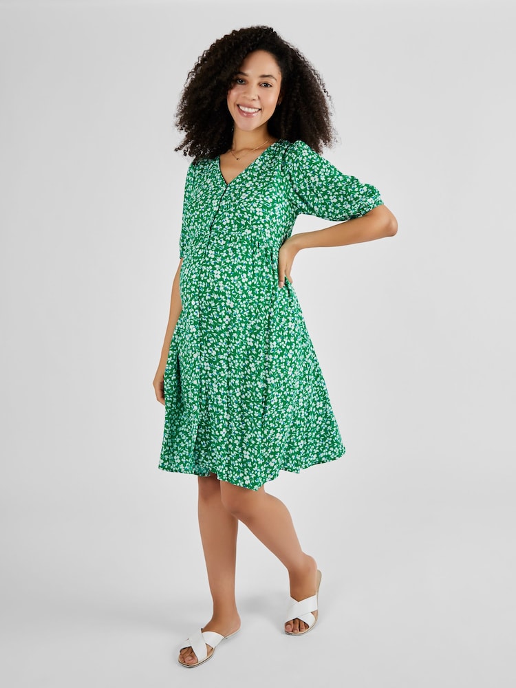 JoJo Maman Bébé Green Floral Floral V-Neck Maternity Dress - Image 1 of 5