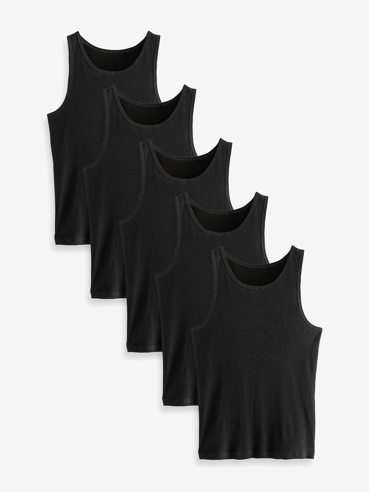 Black Ribbed 5 Pack 100% Cotton Vests 5 Pack - Image 1 of 4