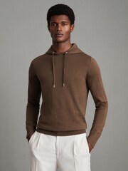 Reiss Pecan Brown Holland Merino Wool Drawstring Hoodie - Image 1 of 6