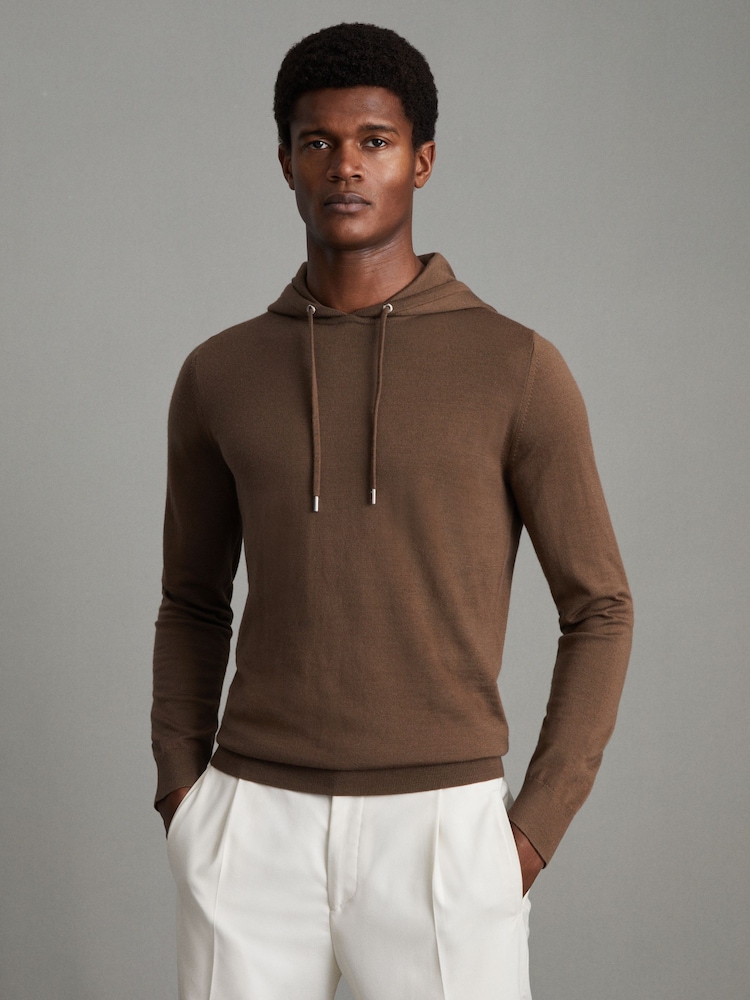 Reiss Pecan Brown Holland Merino Wool Drawstring Hoodie - Image 1 of 6