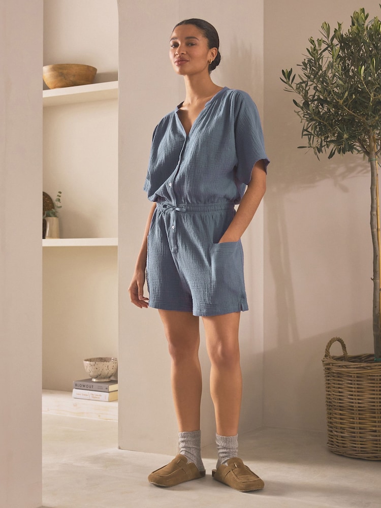 Indigo Blue 100% Cotton Crinkle Playsuit - Image 2 of 7