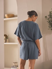 Indigo Blue 100% Cotton Crinkle Playsuit - Image 3 of 7