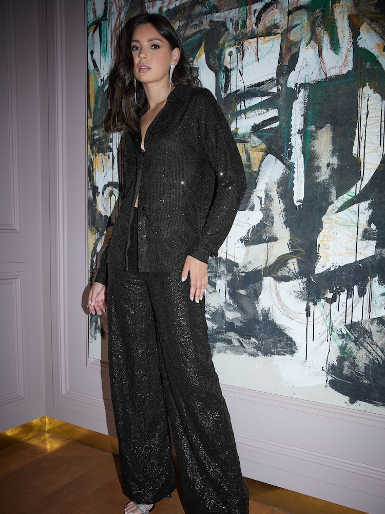 Long Tall Sally Black Sequin Shirt - Image 1 of 2