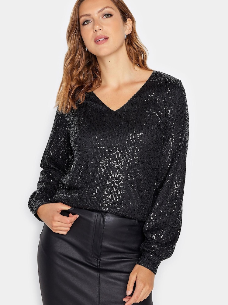 Long Tall Sally Black Sequin V-Neck Top - Image 1 of 6