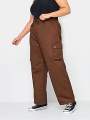 Yours Curve Brown Wide Leg Woven Cargo Trousers - Image 1 of 5