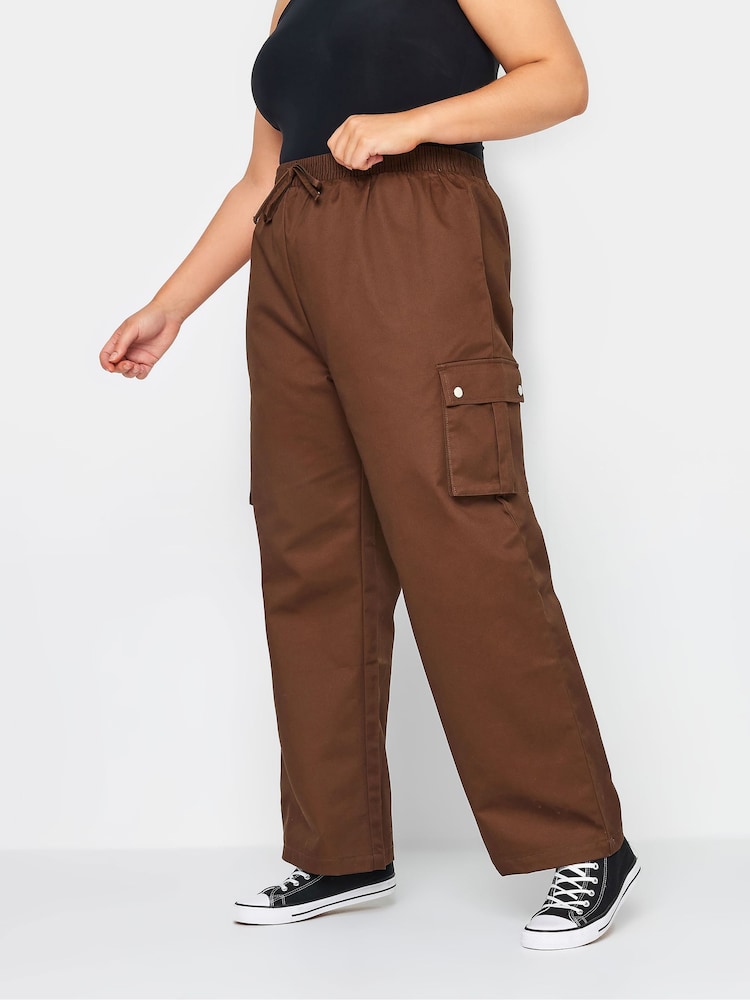 Yours Curve Brown Wide Leg Woven Cargo Trousers - Image 1 of 5