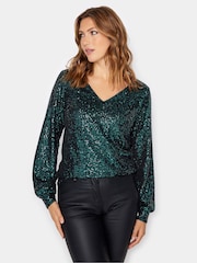 Long Tall Sally Green Sequin V-Neck Top - Image 4 of 5