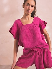 Pink Crinkle Frill Sleeve Top - Image 1 of 7