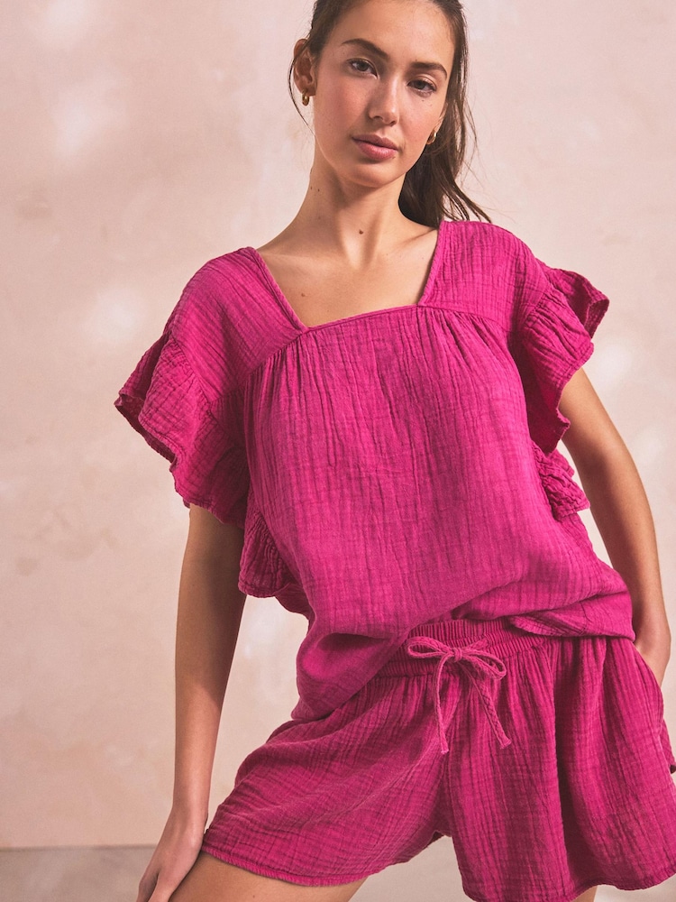 Pink Crinkle Frill Sleeve Top - Image 1 of 7