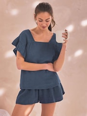 Indigoblau - 100% Baumwoll-Crinkle-Top mit Rüschenärmeln - Bild 1 von 7