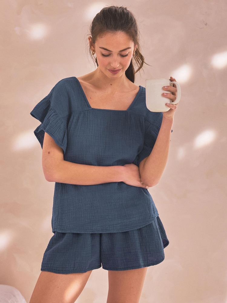 Indigoblau - 100% Baumwoll-Crinkle-Top mit Rüschenärmeln - Bild 1 von 7
