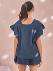 Indigoblau - 100% Baumwoll-Crinkle-Top mit Rüschenärmeln - Bild 4 von 7