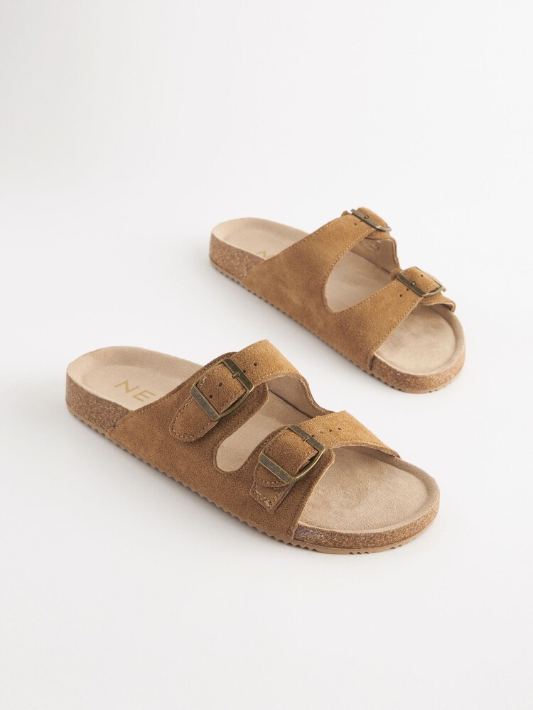 Tan Brown Suede Buckle Slider Slippers - Image 2 of 7 Tan Brown Suede Buckle Slider Slippers - Image 2 of 7