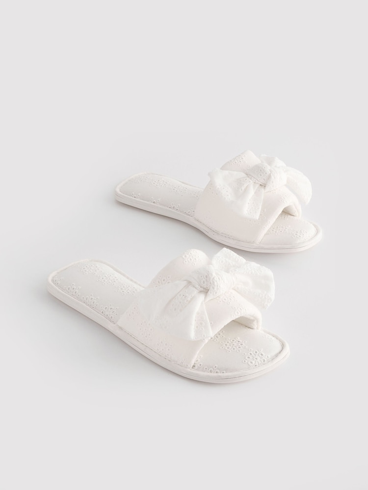 Bow Ladies White Sliders Buy White Broderie Bow Slider Slippers