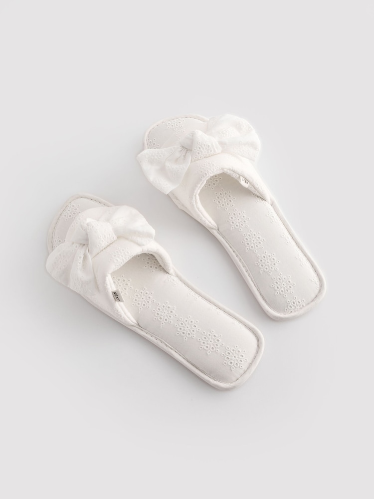White Broderie Bow Slider Slippers - Image 7 of 7