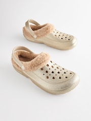 Gold Faux Fur Lined Clog Slippers Womens - Image 1 of 6