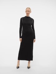 VERO MODA Black Ribbed Jersey Long Sleeved Maxi Dress With Contrast Stitching - Image 1 of 6