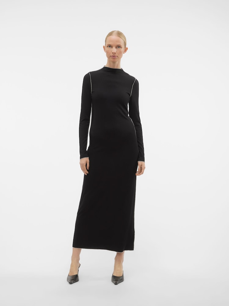 VERO MODA Black Ribbed Jersey Long Sleeved Maxi Dress With Contrast Stitching - Image 1 of 6