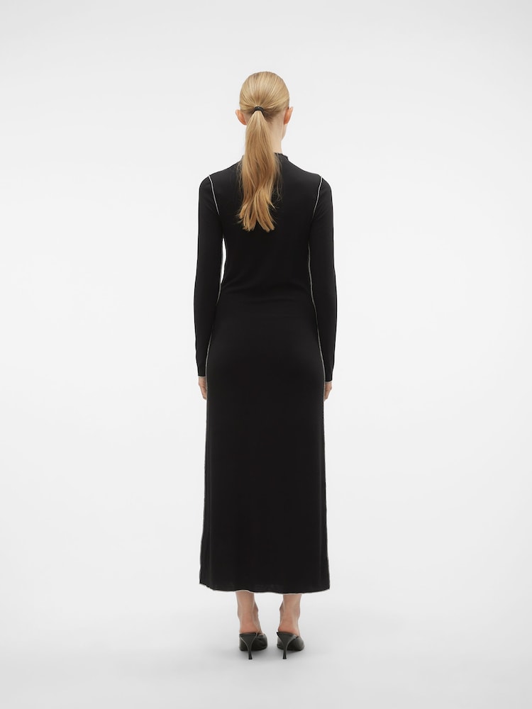VERO MODA Black Ribbed Jersey Long Sleeved Maxi Dress With Contrast Stitching - Image 2 of 6