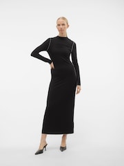 VERO MODA Black Ribbed Jersey Long Sleeved Maxi Dress With Contrast Stitching - Image 3 of 6