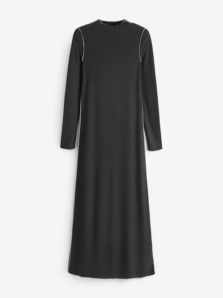 VERO MODA Black Ribbed Jersey Long Sleeved Maxi Dress With Contrast Stitching - Image 6 of 6