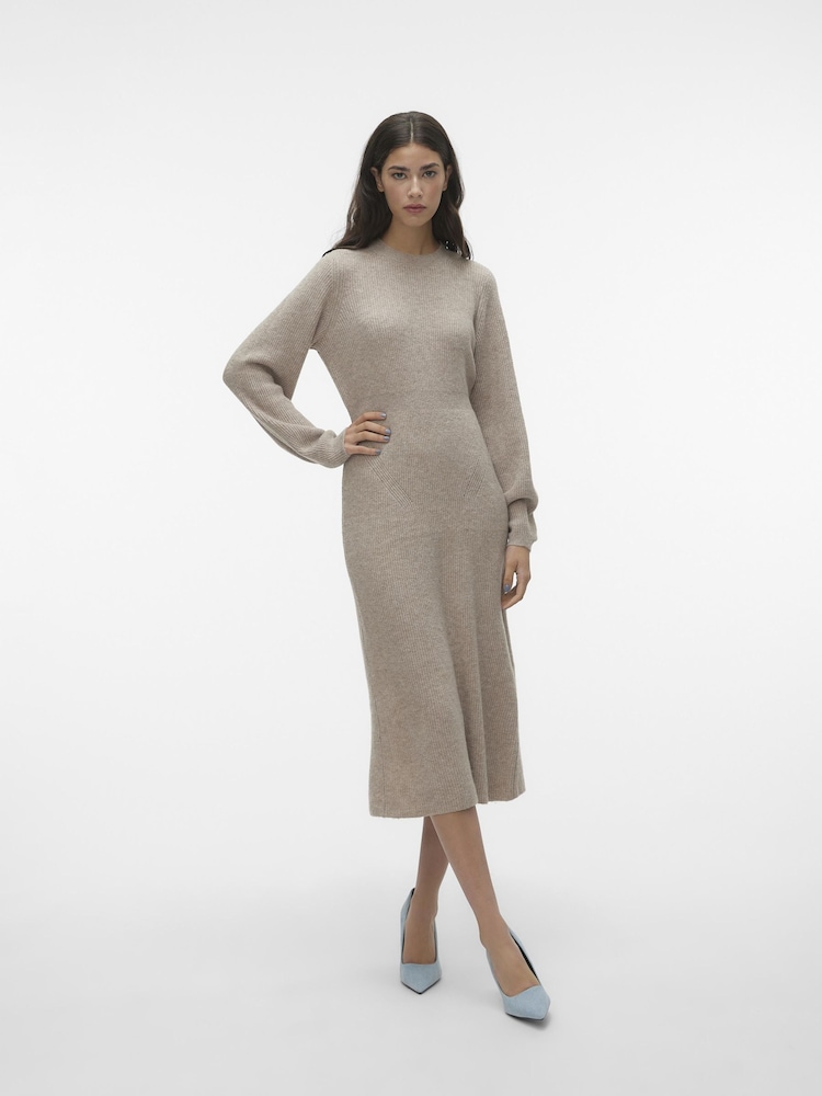 VERO MODA Natural Waisted Long Sleeve Midi Knitted Jumper Dress - Image 1 of 6