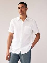 White Standard Collar Linen Blend Short Sleeve Shirt - Image 1 of 7