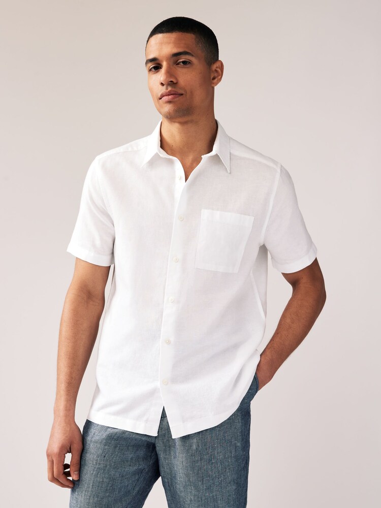 White Standard Collar Linen Blend Short Sleeve Shirt - Image 1 of 7
