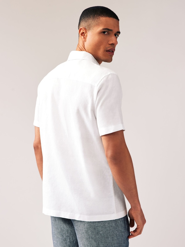 White Standard Collar Linen Blend Short Sleeve Shirt - Image 2 of 7