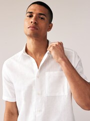 White Standard Collar Linen Blend Short Sleeve Shirt - Image 4 of 7