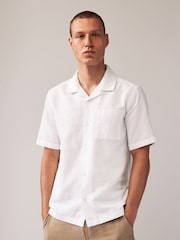 White Cuban Collar Linen Blend Short Sleeve Shirt - Image 1 of 7